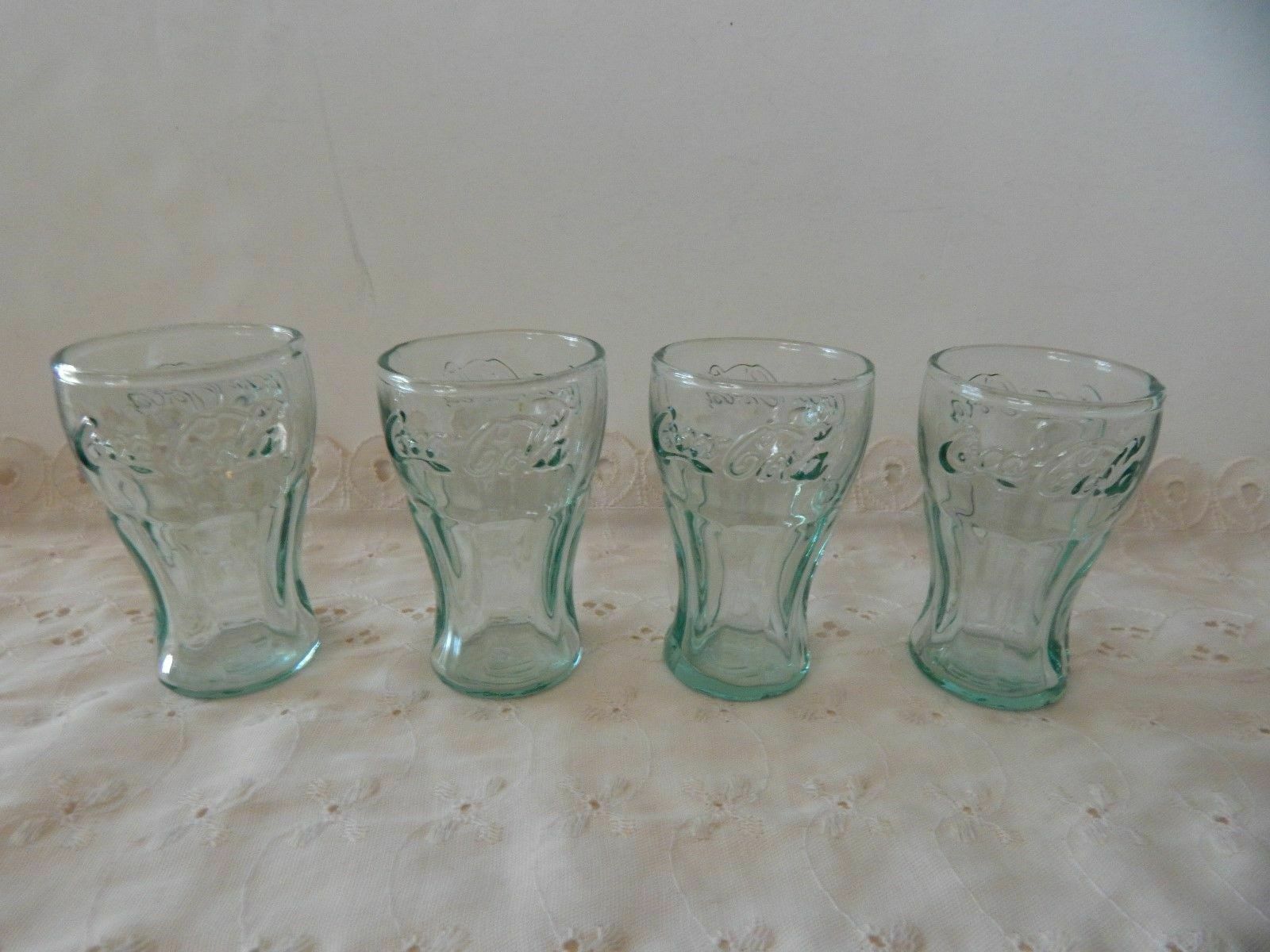Set Of 4 Vintage Green Glass Coca Cola Coke Glasses 3" Mini Glasses Shot Juice