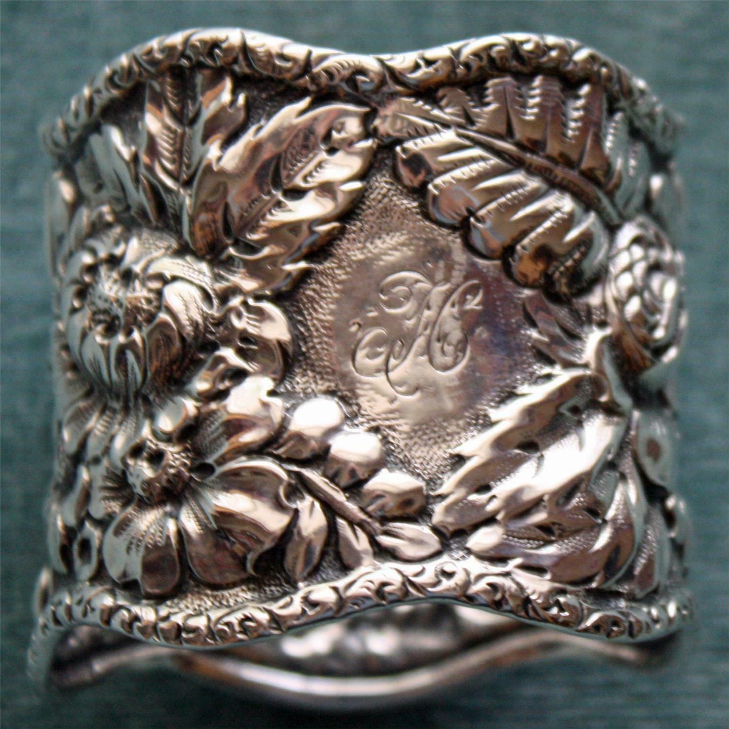 Antique American Sterling Repousse Napkin Ring, Ferns And Flowers
